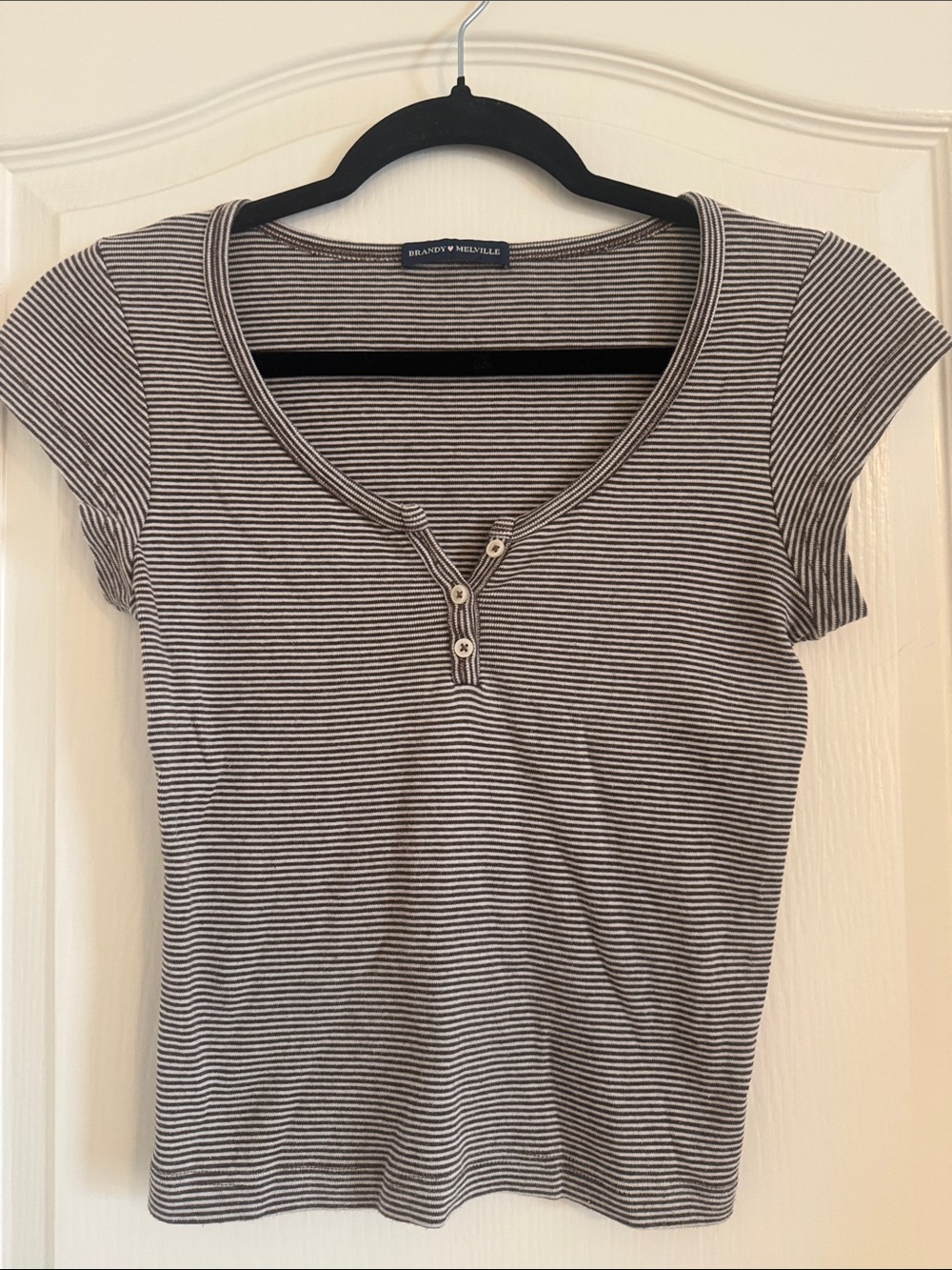 Brandy Melville Brown & White Striped Henley Tee. OS